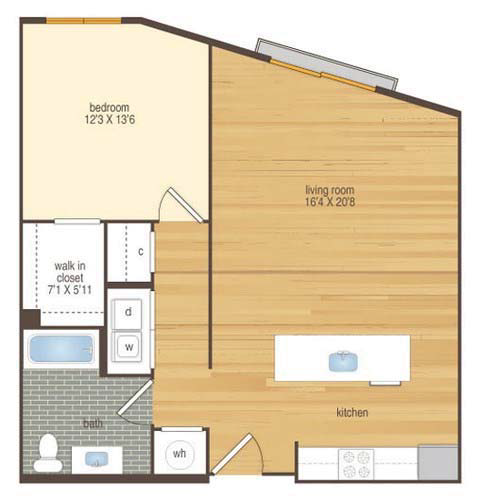 Floor plan for 1 bed, 1 bath, 849 sqft
